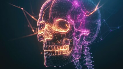 A futuristic illustration of a skull with glowing lights and intricate connections, highlighting the beauty of anatomy and technology.