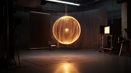 A glowing orb suspended in a studio, showcasing vibrant light trails and intriguing shadows, perfect for innovation and technology themes.