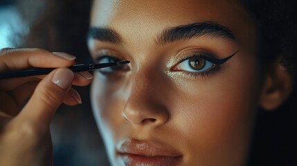 Obraz premium A professional makeup artist applying eyeliner to a client