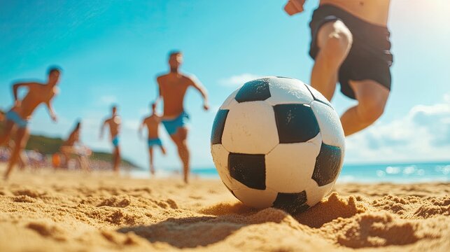 A group of friends playing soccer on the beach under a clear blue sky, enjoying a sunny day full of laughter and excitement.