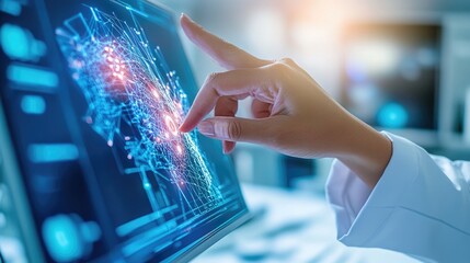 A hand interacts with a digital screen displaying futuristic data visualization in a modern tech environment.