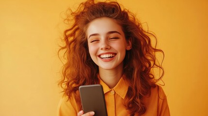 Naklejka premium A joyful woman with curly hair smiles while holding a smartphone against a vibrant yellow background.