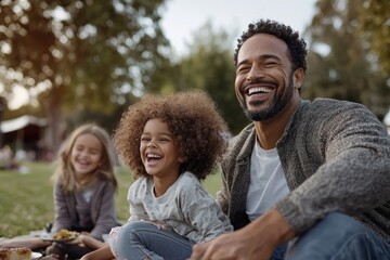 Fototapeta premium Smiling moments: happy Black people eating together, highlighting the pure joy and contentment found in shared meals, conversation, and the enjoyment of delicious food