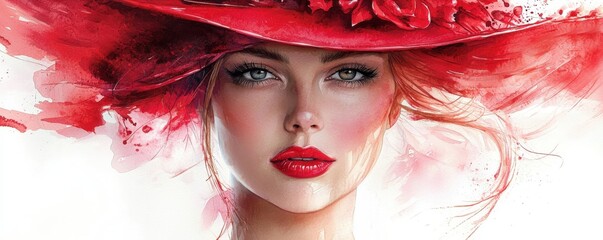 Portrait of a graceful woman in a vivid red hat with floral details, her red lips adding a touch of allure, her gaze filled with intensity and pride as a refined sports enthusiast. watercolor