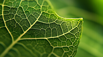 Intricate vein network on a green leaf in extreme close-up, emphasizing its natural texture and patterns.