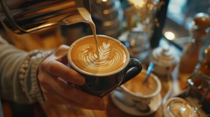 Obraz premium Barista pouring latte art into a cup of creamy coffee in a cozy cafe