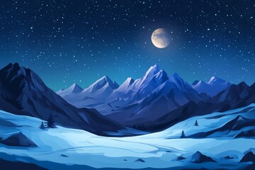 Serene blue winter landscape featuring majestic mountains and glimmering snow under the night sky