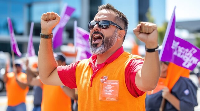 A passionate protester rallies a crowd, showcasing determination and unity in a vibrant demonstration for workers' rights.