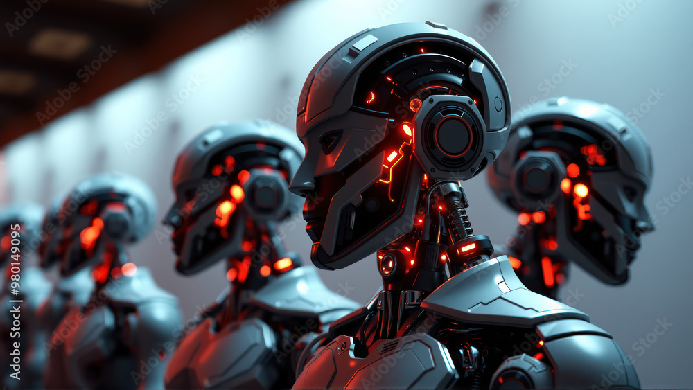 Poster row of robots with red internal lights.