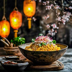 Bowl of traditional Thai coconut curry noodle soup -Khao Soi. Yi Peng Festival food