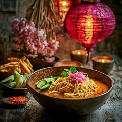 Bowl of traditional Thai coconut curry noodle soup -Khao Soi. Yi Peng Festival food. Festive Yi Peng lanterns in the background. 