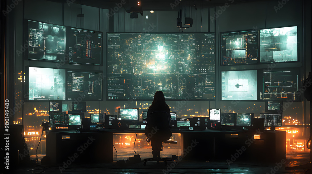 Poster a dark control room filled with multiple screens showcasing data analysis and city lights in the bac