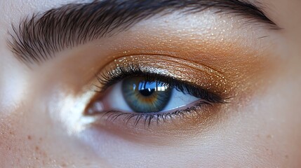 Closeup of a woman's eye with gold eyeshadow and eyeliner.