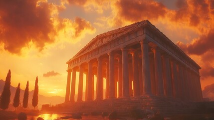 Obraz premium Greek temple's intricate pediments and Doric columns bathed in sunset glow