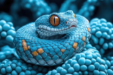 Fototapeta premium Calm blue snake coiled on bumpy surface with striking orange eyes. AI