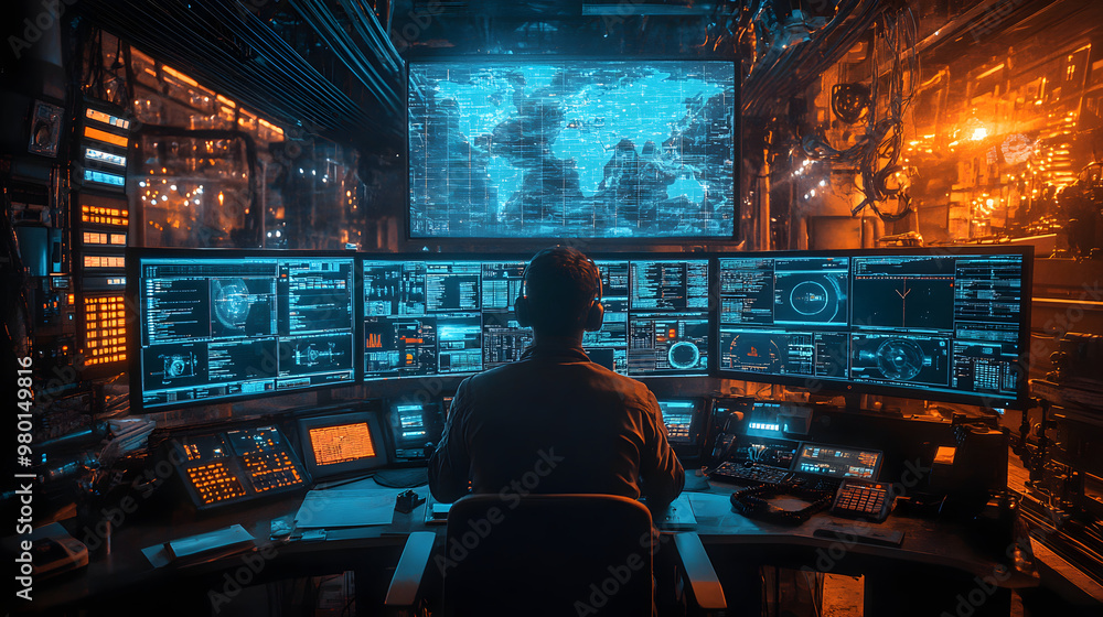 Poster a focused individual analyzes data on multiple screens in a high-tech command center. bright monitor
