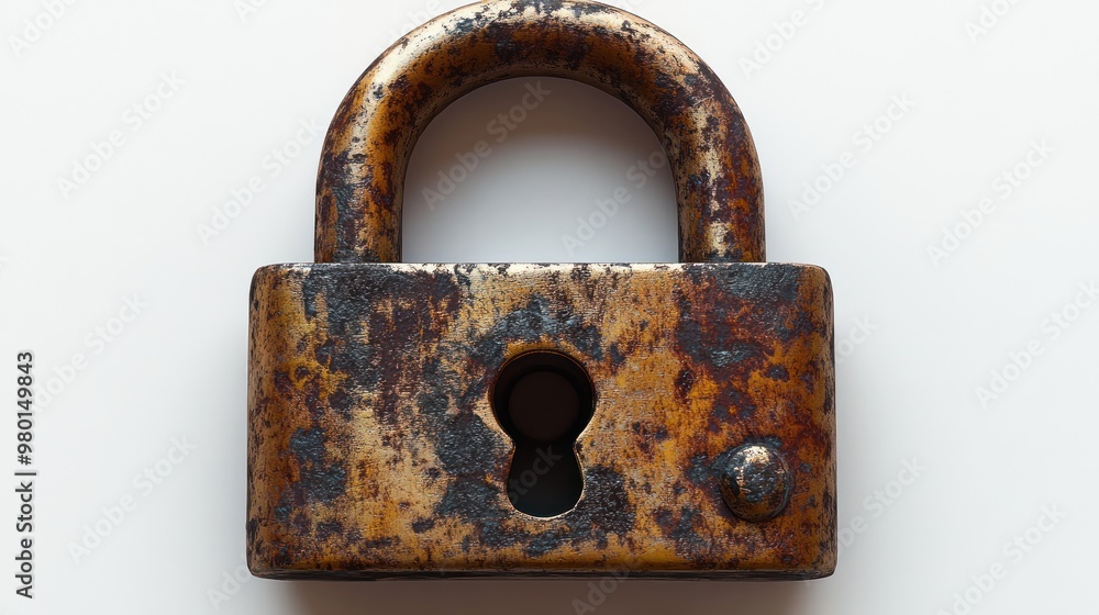 Poster a rusty padlock with a keyhole, symbolizing security and protection.