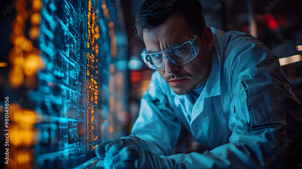 Poster a focused scientist analyzes data on a transparent screen in a modern laboratory, showcasing advance