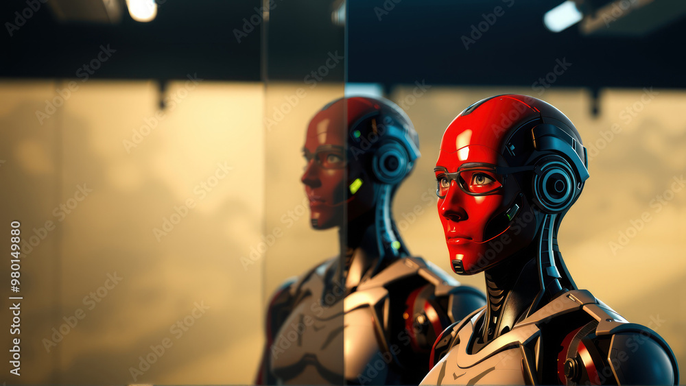 Poster red-headed robot reflecting in the mirror.