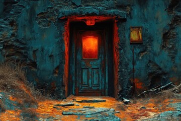 Mysterious glowing entrance in weathered stone wall at twilight. AI