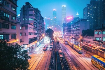 Fototapeta premium A night view of a street in Hong Kong with buildings and tram tracks in the foreground and tall buildings in the background.