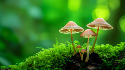 Brown-capped mushrooms with slender stems growing on mossy log in a tranquil, soft-lit forest surrounded by greenery.