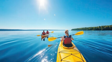A serene kayaking adventure on a calm lake under a bright blue sky, ideal for outdoor enthusiasts and nature lovers.