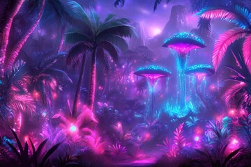 Enchanted neon jungle with glowing mushrooms and vibrant foliage at night. AI