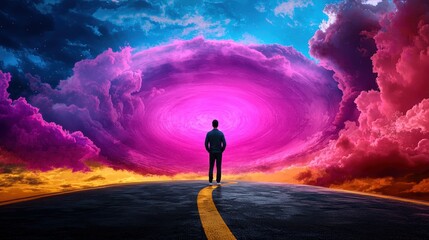 Fototapeta premium Journey Through 2025: Person Walking on a Watercolor Futuristic Road with Copyspace for Text, Conceptualizing Life Path Ahead