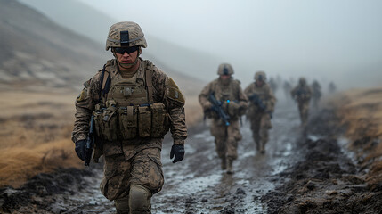 Naklejka premium A group of soldiers navigating through a rugged, muddy terrain in a misty environment, showcasing determination and teamwork.