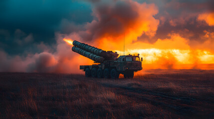 Fototapeta premium A military vehicle launching a missile against a dramatic sunset backdrop, showcasing power and advanced technology in action.