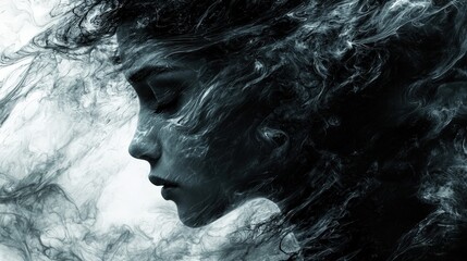 Abstract depiction of a womanâ€™s face, partially hidden in shadow, her expression heavy with grief, as swirling dark tones create an atmosphere of deep emotional pain and isolation. anime style