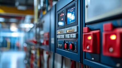 Fire alarm system control panel displaying emergency buttons and indicators in the facility control room.