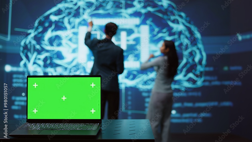 Poster startup coworkers using ai software on chroma key notebook to take data driven decisions. close up o