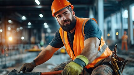 A skilled construction worker in safety gear, focused on his task at a busy construction site, showcasing dedication and professionalism.