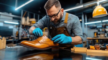 A skilled craftsman delicately polishing a brown leather shoe in a workshop, showcasing craftsmanship and attention to detail.