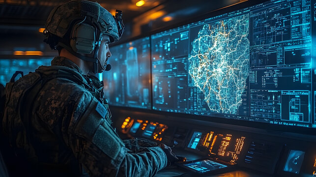 A soldier monitors advanced technology operations in a high-tech control room, showcasing military precision and strategy.
