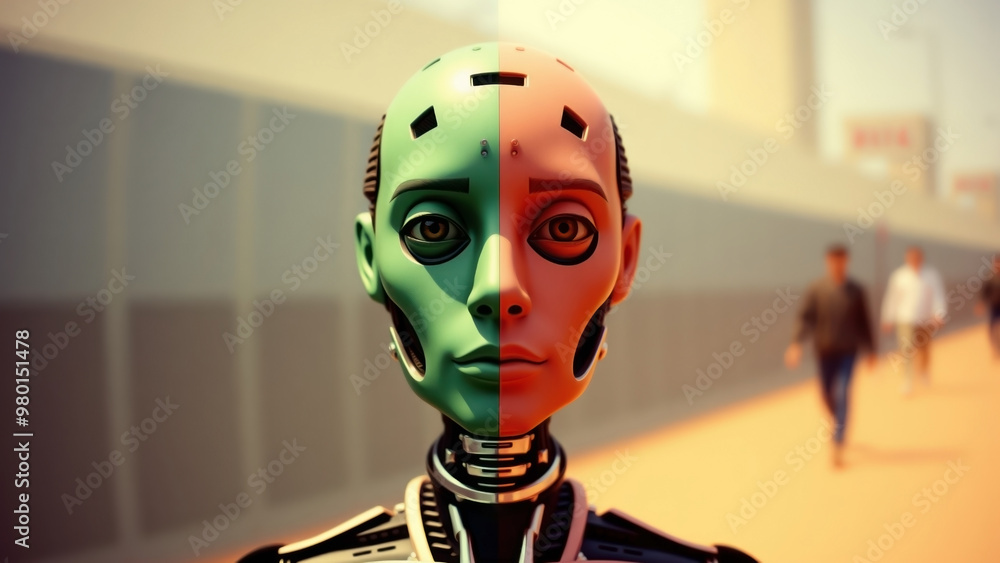 Poster a frontal view of an android with a face split into green and orange hues, set against an urban back