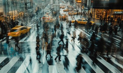 Blurred pedestrian crosswalk with yellow taxis and urban background.