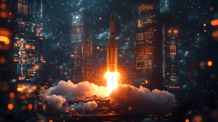 A stunning digital illustration of a rocket launch amidst a futuristic cityscape with vibrant colors and dynamic lighting effects.