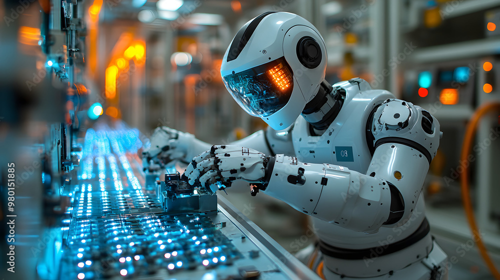 Aufkleber an advanced robot working on a futuristic control panel in a high-tech environment, showcasing innov