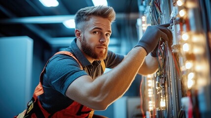 A skilled technician working on electrical panels, demonstrating precision and focus in a modern facility.