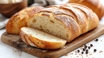 Freshly baked bread sliced on a wooden board.