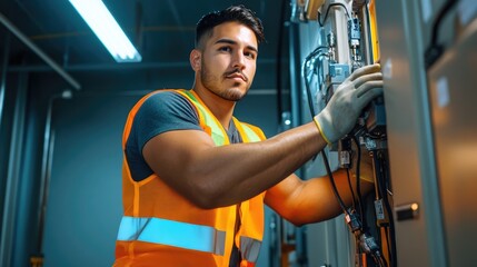 A skilled technician works diligently on electrical equipment, showcasing expertise and focus in a modern industrial environment.