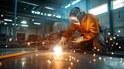 A skilled welder sparks bright flames in a workshop, showcasing precision and craftsmanship in metal fabrication.