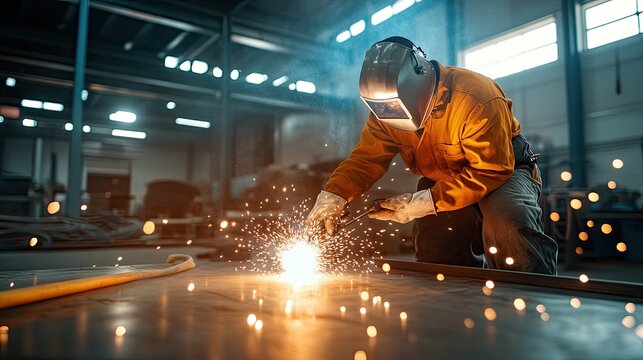 A skilled welder sparks bright flames in a workshop, showcasing precision and craftsmanship in metal fabrication.