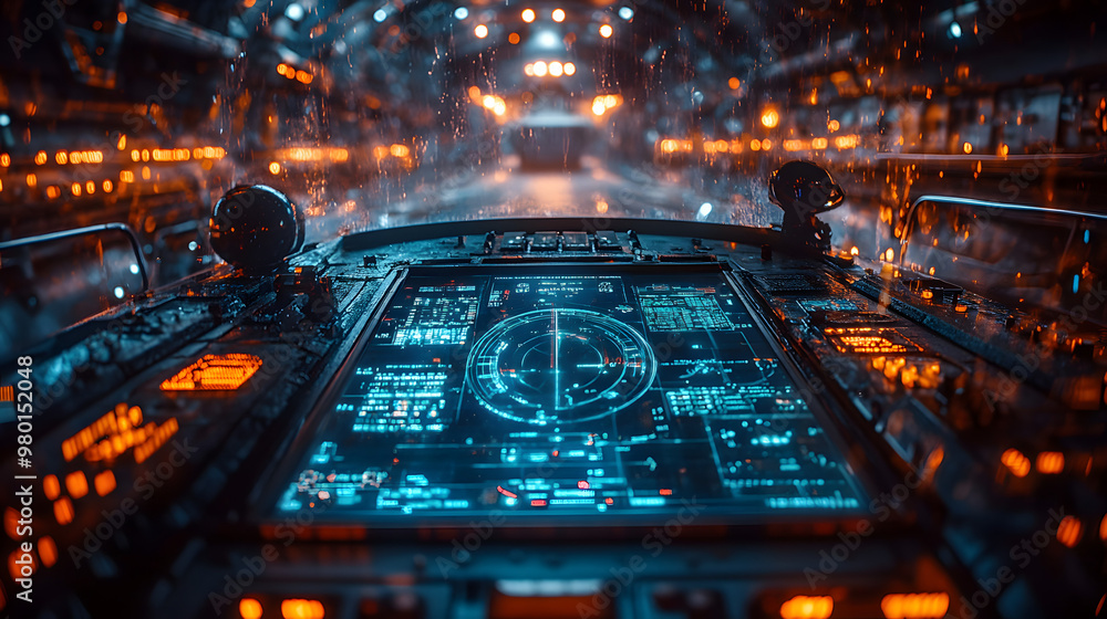 Poster futuristic cockpit view with glowing digital controls and intricate dashboard design, highlighting a