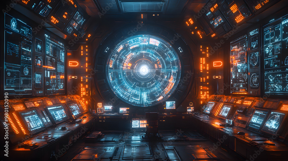 Poster futuristic control room featuring high-tech screens and glowing interfaces, creating a vibrant sci-f