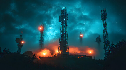 Obraz premium Eerie fog envelops towering communication towers, emitting glowing lights against a dramatic night sky.