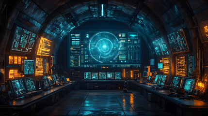 Fototapeta premium Futuristic control room featuring advanced technology and glowing monitors, ideal for sci-fi and tech-themed projects.